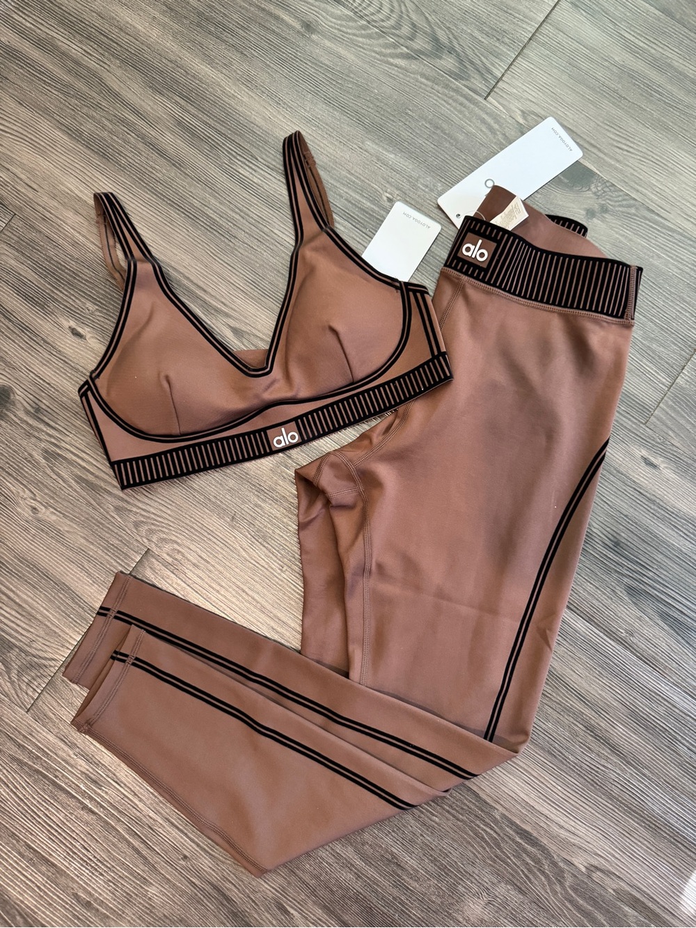 ALO Yoga Mocha Sports Bra and High-Rise Leggings Set